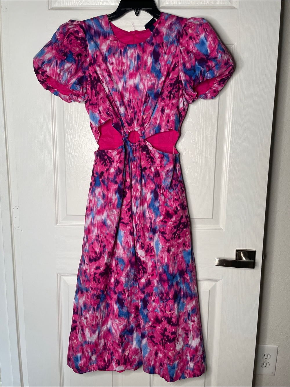 SCOOP 100% Cotton Pink & Blue Tie-Dye Short Puff Sleeve Cut Out Midi Dress